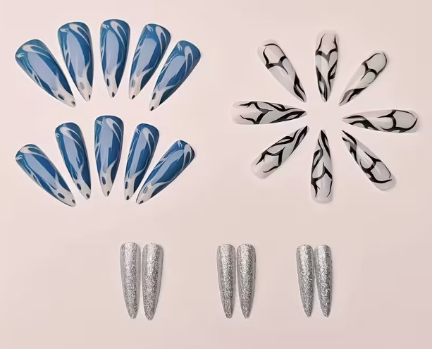 24 Pcs Press-On Nails Long Allmond Glossy – White, Black, Grayish Blue, Glitte