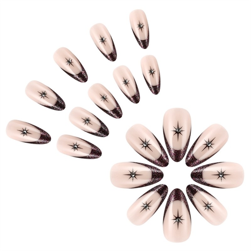 24 Pieces Short Length Almond Press On Nail Glitters Star Designs French Tip