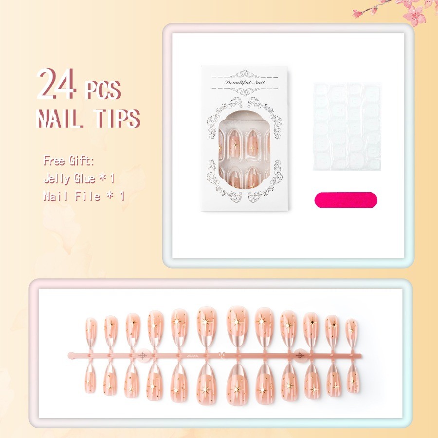 Press on Nail – Bare Pink Silver Edge, Medium Sharp Fake Nail, 48 Piece Set