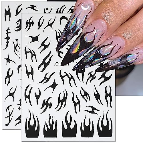 8 Sheets Irregular Flame Nail Art Stickers – Metallic Silver, Black, White,