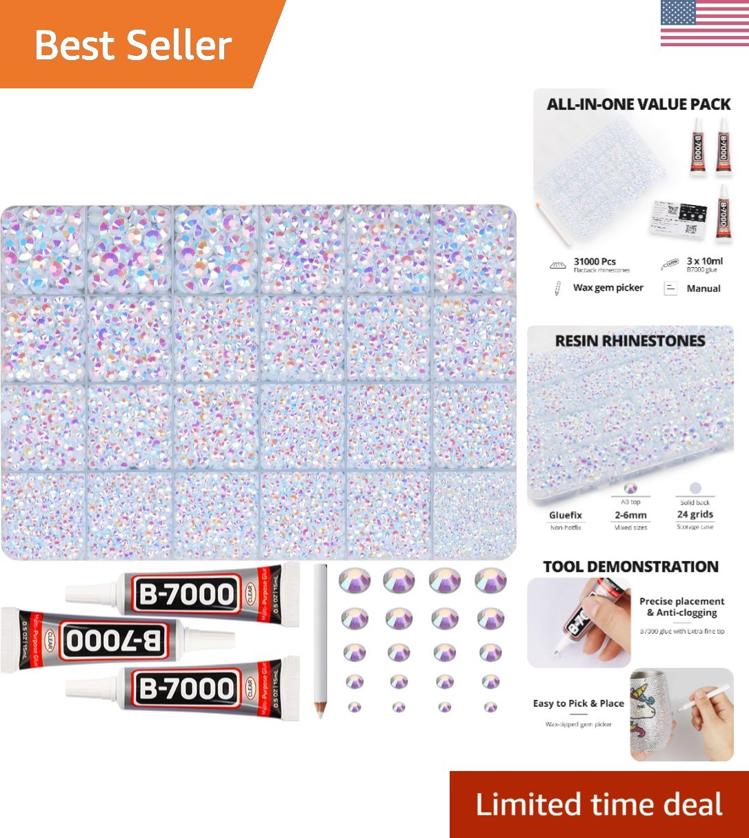 31000Pcs White AB Resin Rhinestones for Bedazzling, Assorted Sizes 2-6mm Whit…