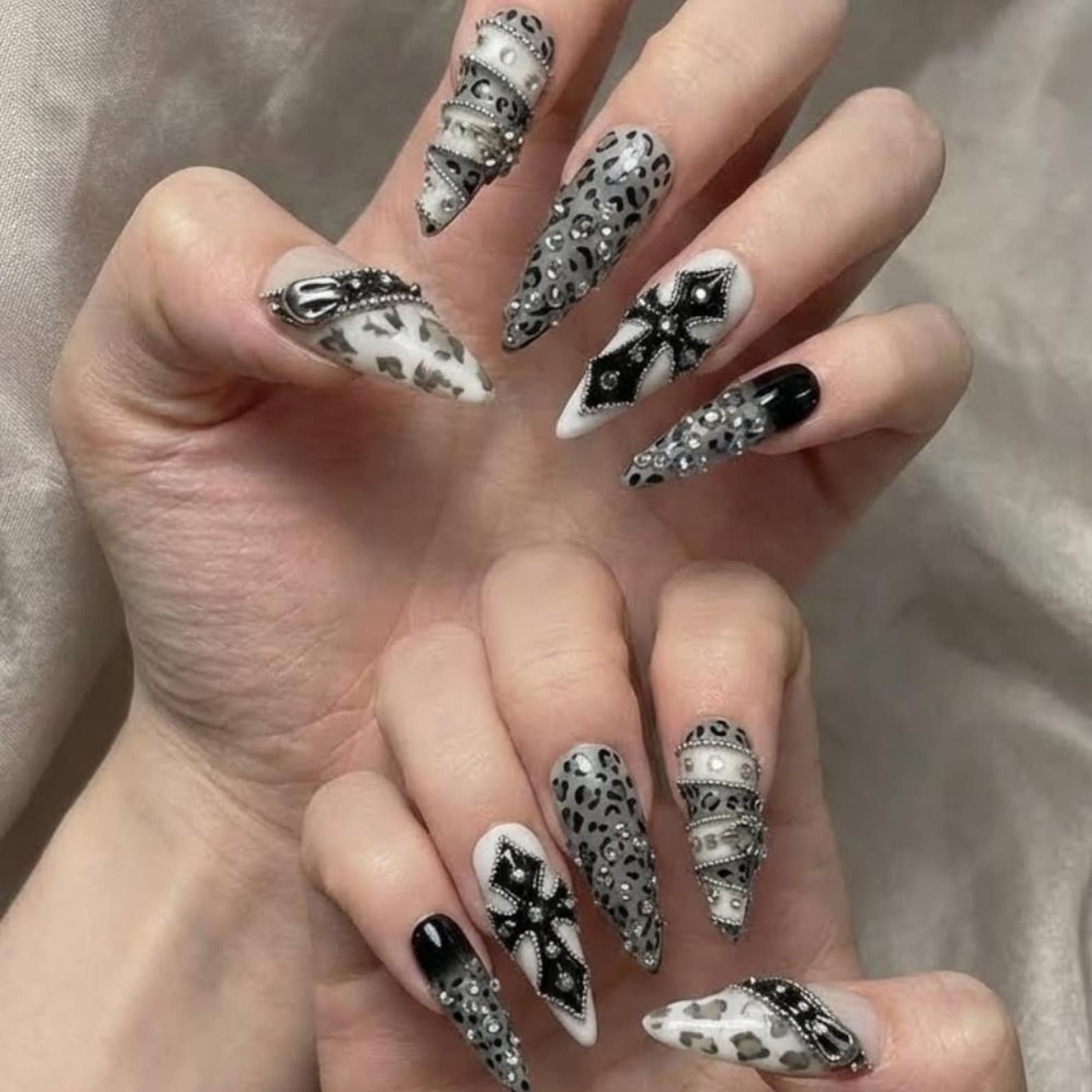 Handmade Black Leopard Cross Chain Rhinestone Long Stiletto Press on Nails