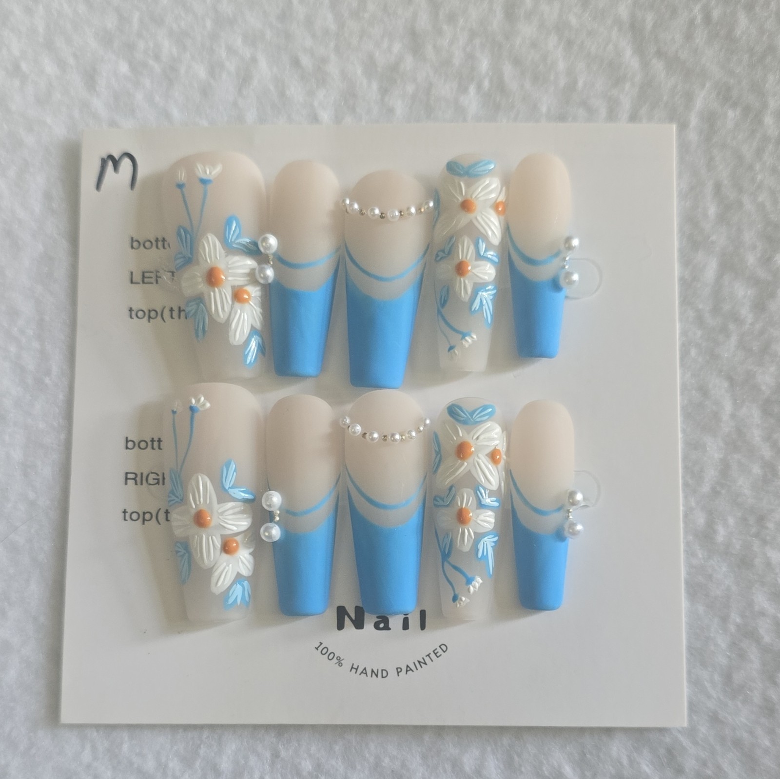 Medium Coffin Blue 3D Flower French Hand Painted Full Cover Press-On Nails #26