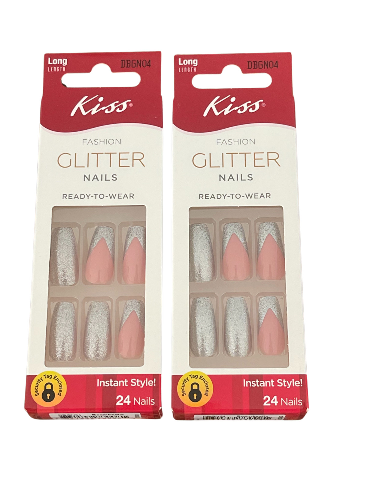 2 Pack Kiss Fashion Glitter Nails Long Coffin Pink French Silver Glitter DBGN04