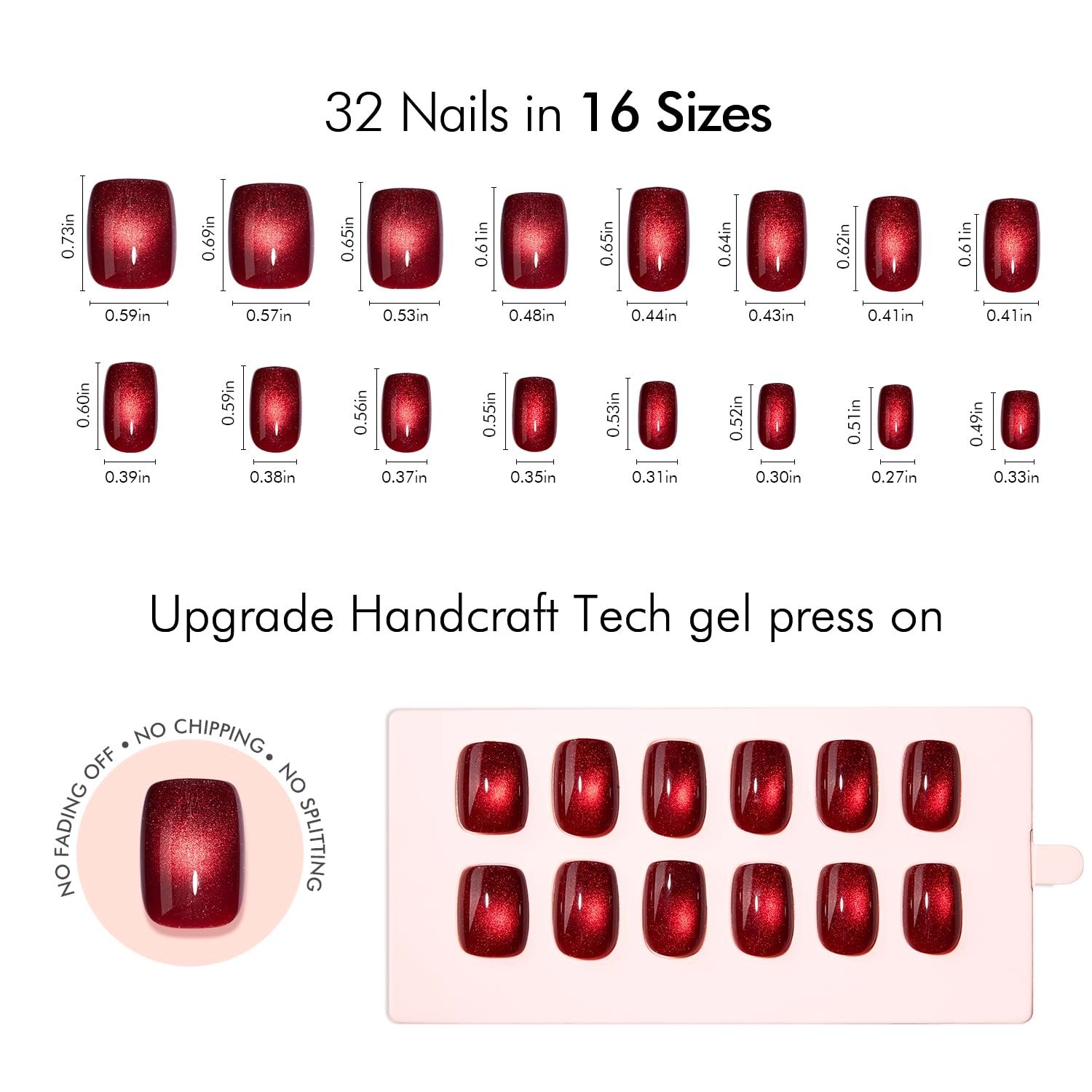 Short Square Press on Nails – Red Cat Eye Glitter, Burgundy Magnetic Effect, 32