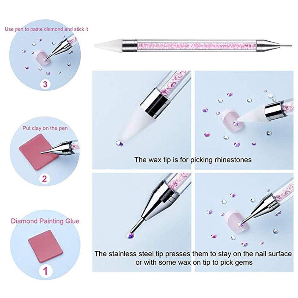 Crystal AB Rhinestones Dimante Flat Nail Art Gems Picker Wax Dotting Pen Tweezer