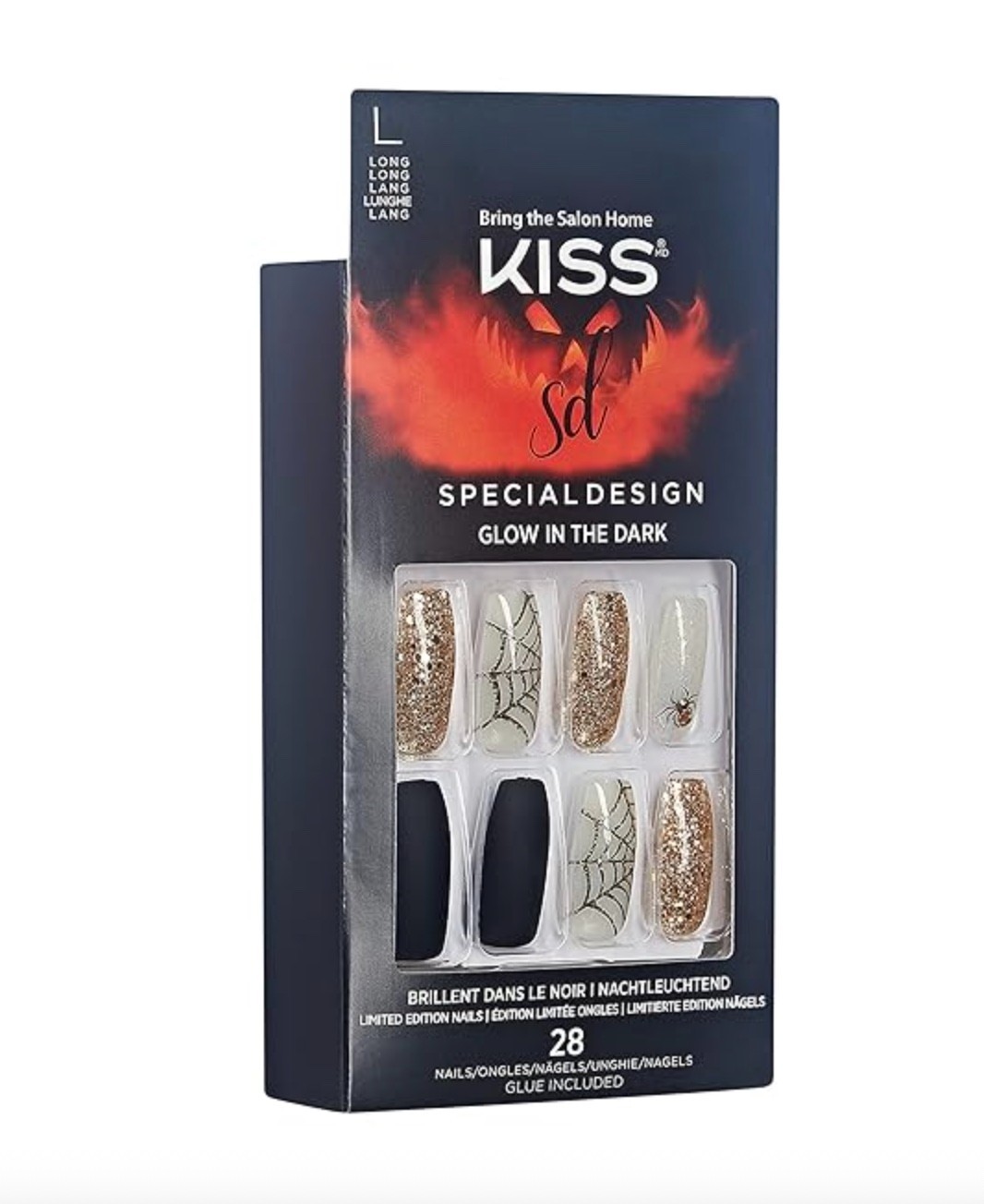 NEW Kiss Nails Halloween Long Coffin Black Spider Web Glow in Dark Glue Press on