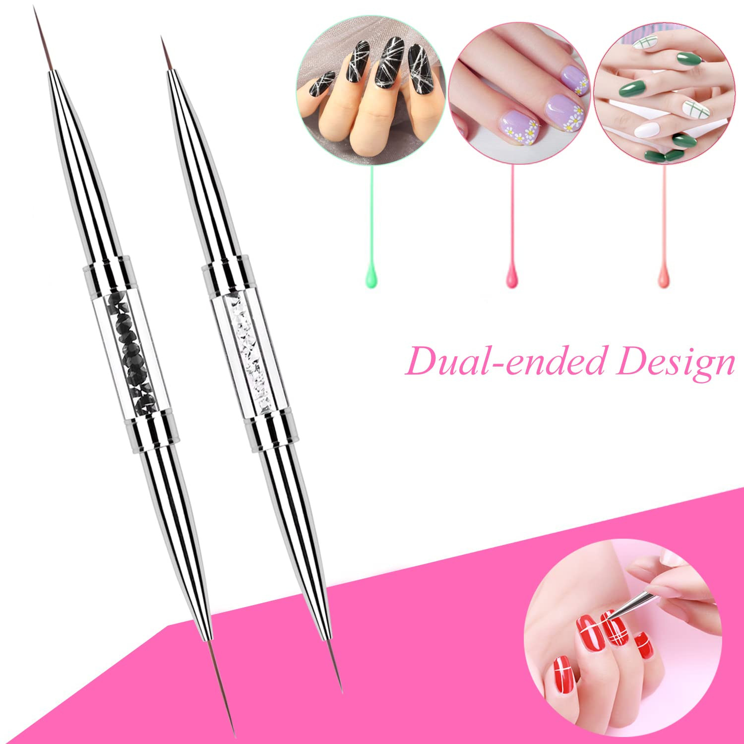 2Pcs Dual-Ended Nail Art Liner Brush Set for UV Gel Polish Painting Drawing Rhin