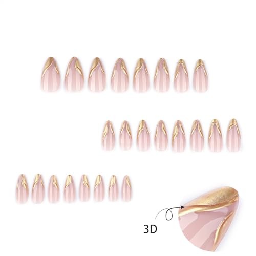 Press on Nails Medium Almond Fake Nails with Designs 3D Gold Gold French Tip