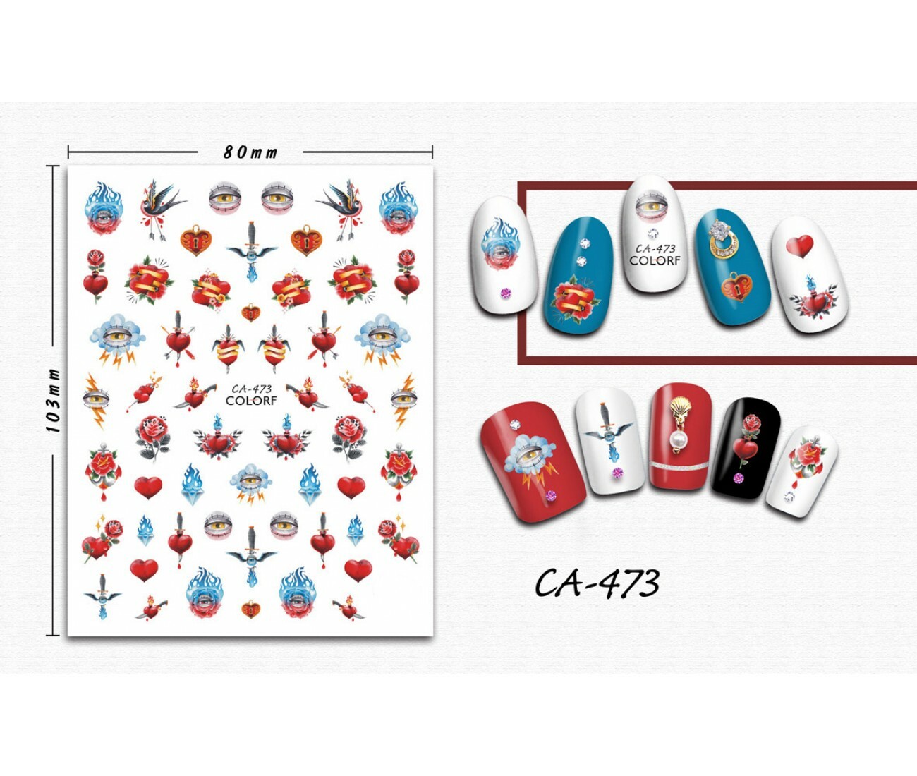 Nail art 3D stickers decal red double heart knife in the heart rose eye CA473