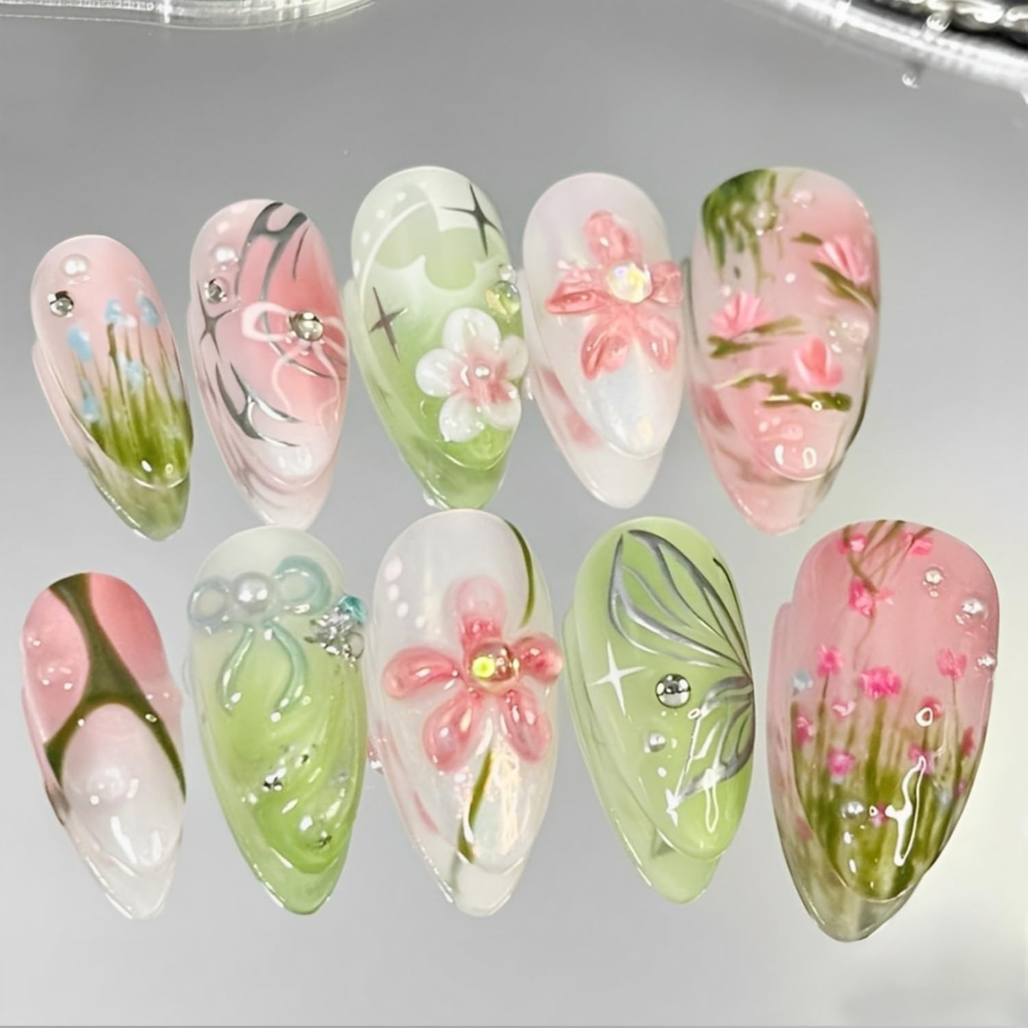 30Pcs 3D Flower Press-on Nails Medium Almond Acrylic False Nails with Bow Pea…