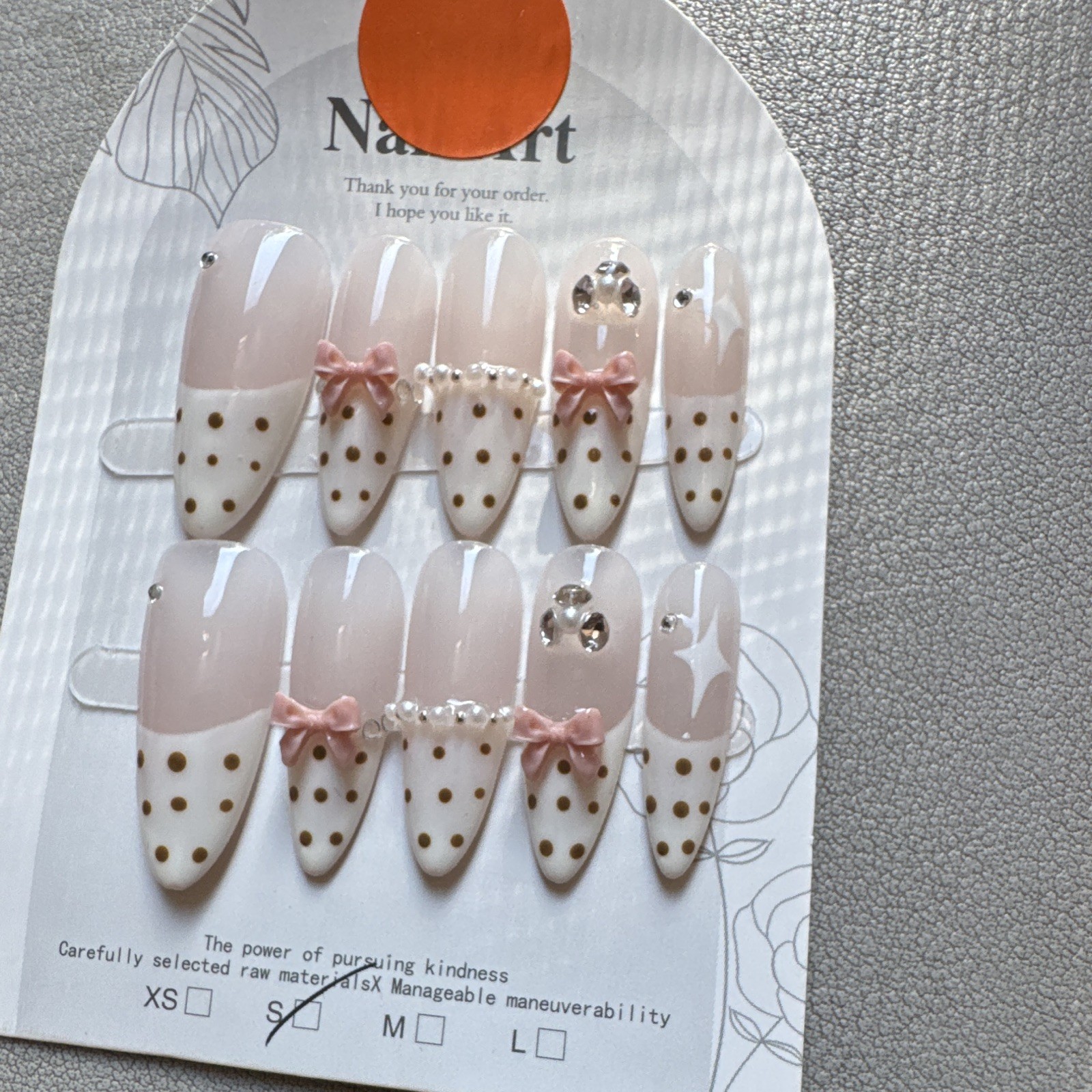 Press-On Nails Short Almond White/Pink/Gold 3D Bow Full Cover Pre-Designed