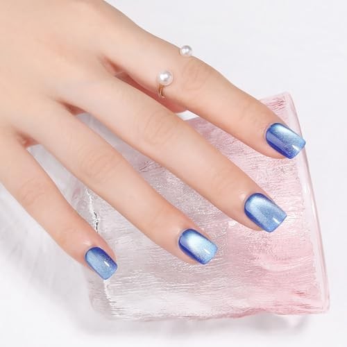 Blue Press on Nails Short Square, Cat Eye Press on Nails, Fashion B01-Ice Blue
