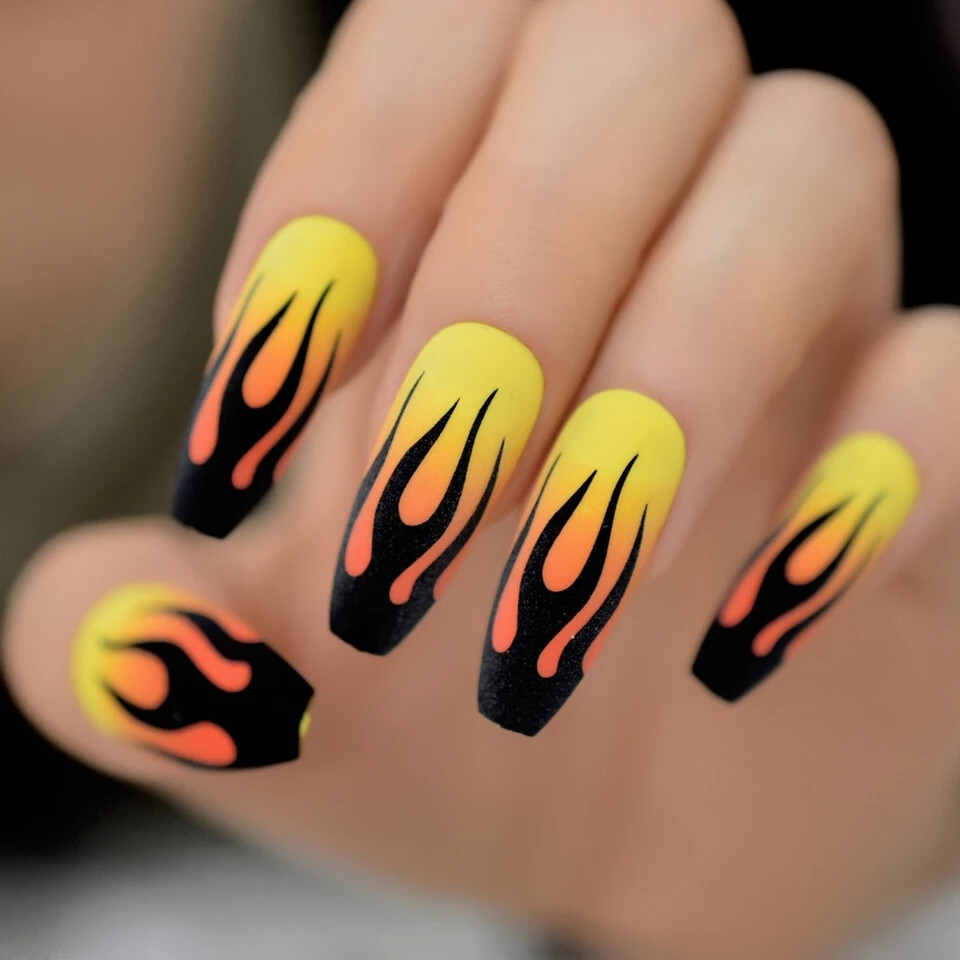 24 Press on Nails kit w Glue extra long Coffin guy fieri black flames yelllow