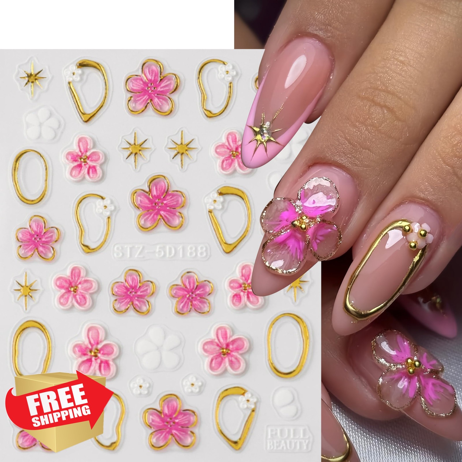 Aoustratum 3pk Flower Nail Art Stickers Hibiscus Gold Coil
