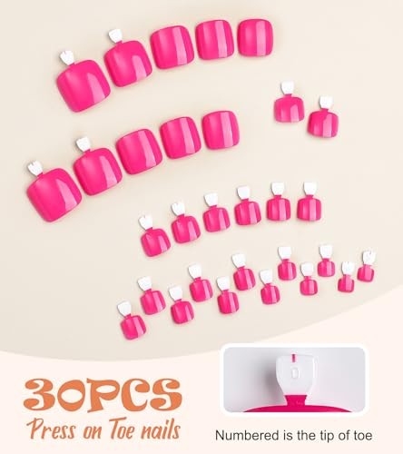 Hot Pink Press on Toenails Short Square Fake Toenails Glossy Acrylic Toe