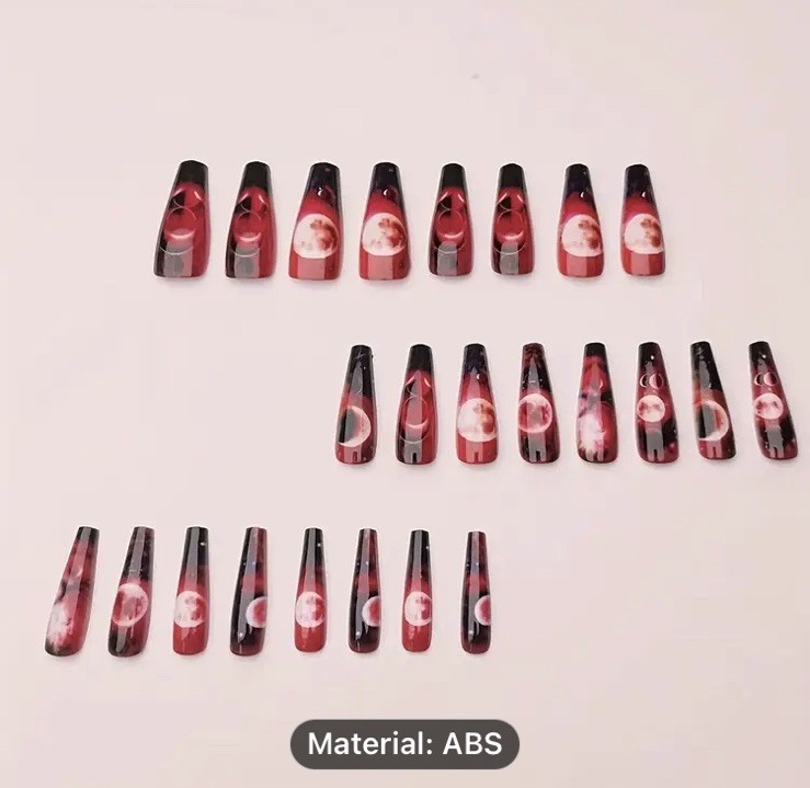 24 Red Moon Celestial Coffin Shaped Long Stiletto Press On Nails incl Glue & Tab