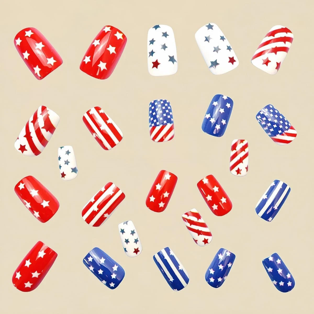 24Pcs 4Th of July Press on Nails Short Square Nails White French Tip Fake Nails