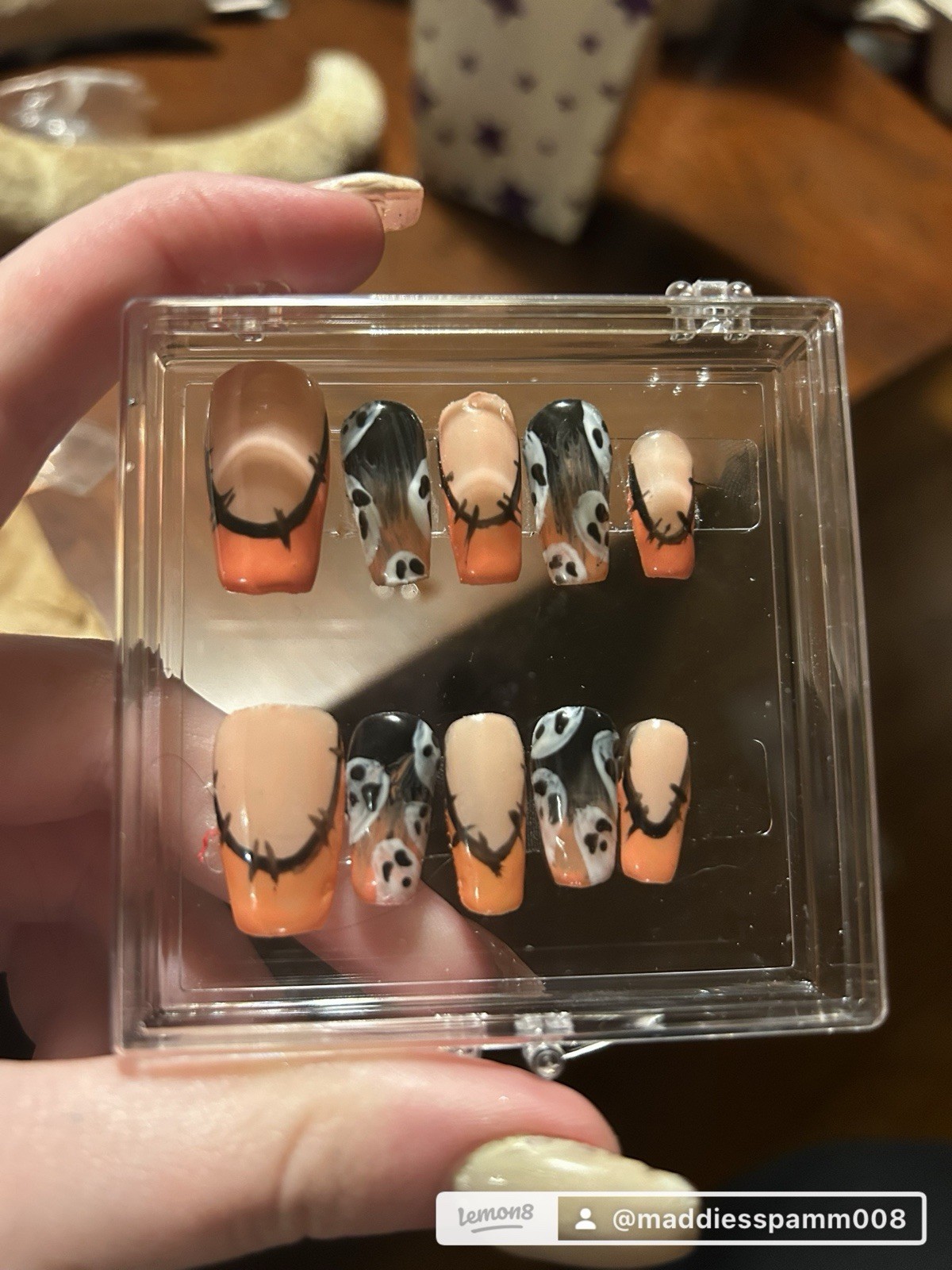 Halloween French Tip Square Press-On Nails Set Orange Black White Full Cover