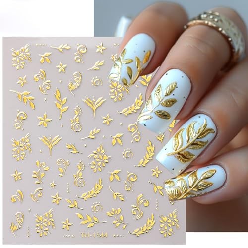 6 Sheets Gold Nail Stickers for Nail Art 3D Self-Adhesive Metallic Floral Leaf