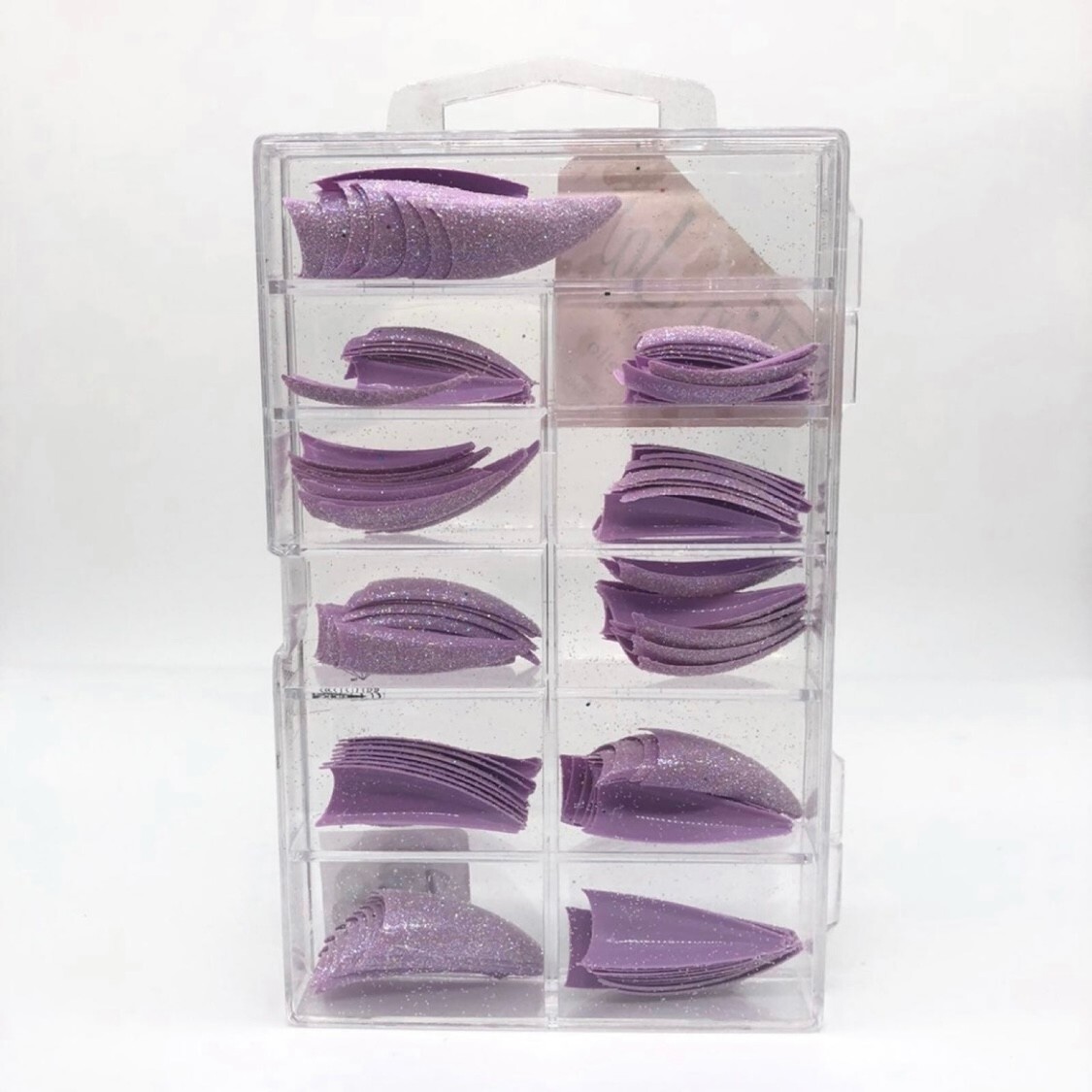 Brand New Tip Jar Fake Nail Tips – Purple Stiletto with Glitter (#228)