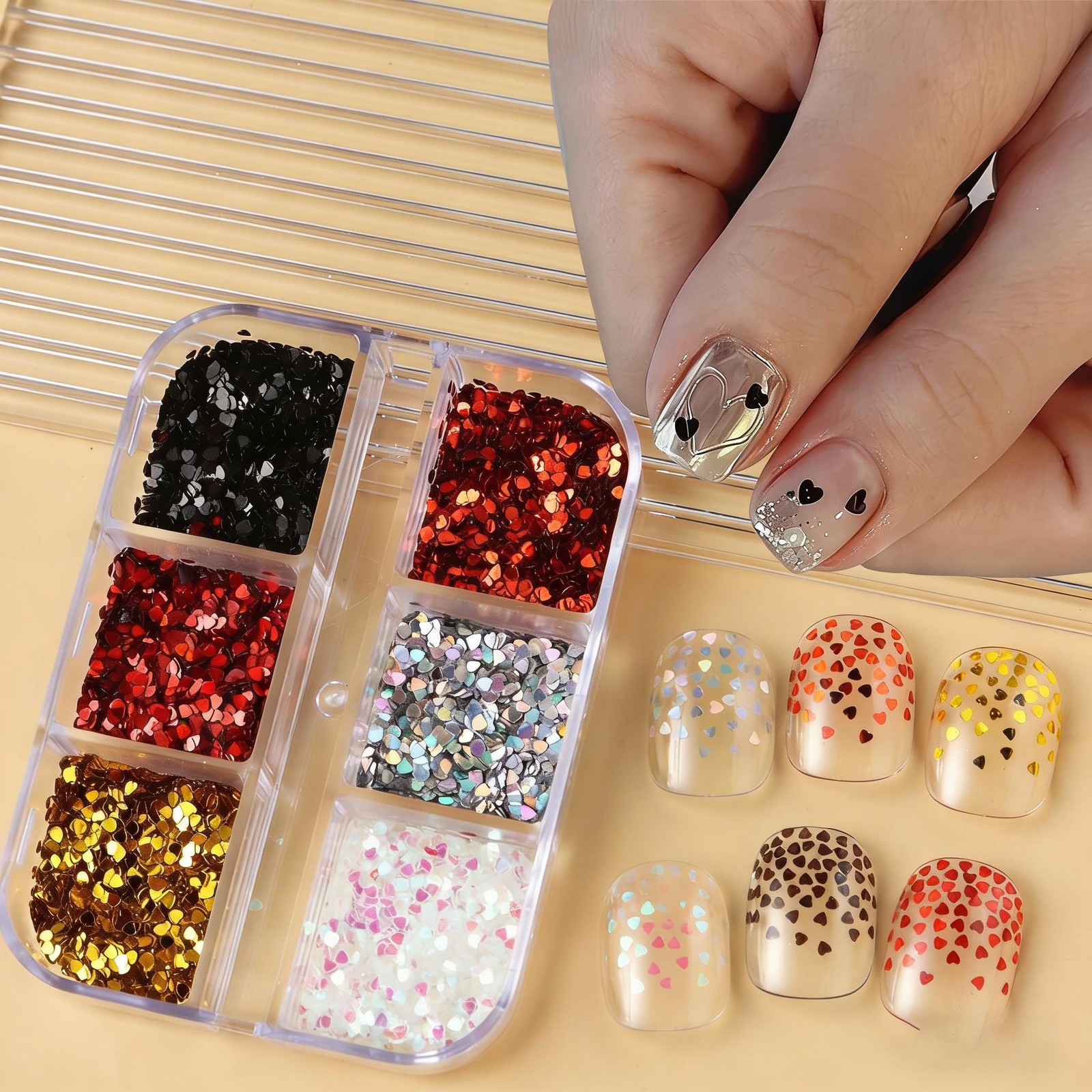 6-Grid Love Shape Sequin Kit, Mini Heart Glitter for Nail Art Decoration Crafts
