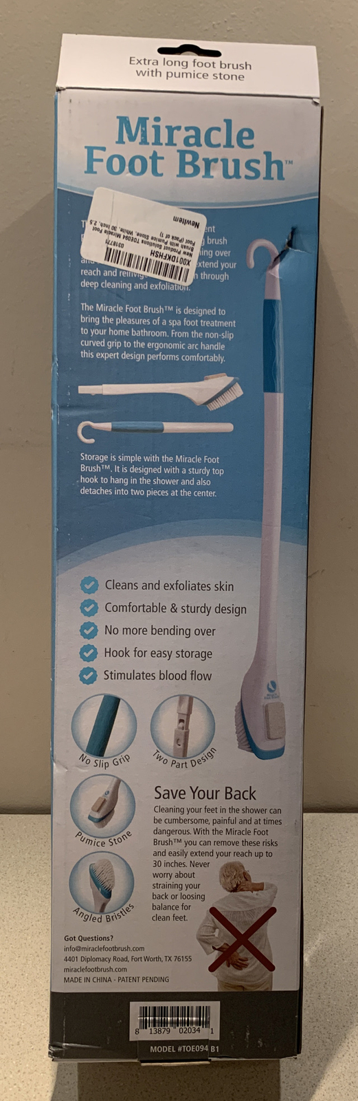 Miracle Foot Brush with Pumice Stone 30 Inches (White). Exfoliates. NEW
