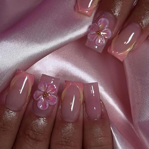 Spring Press on Nails Square Medium Fake Nails with Flower Flower Designs-1