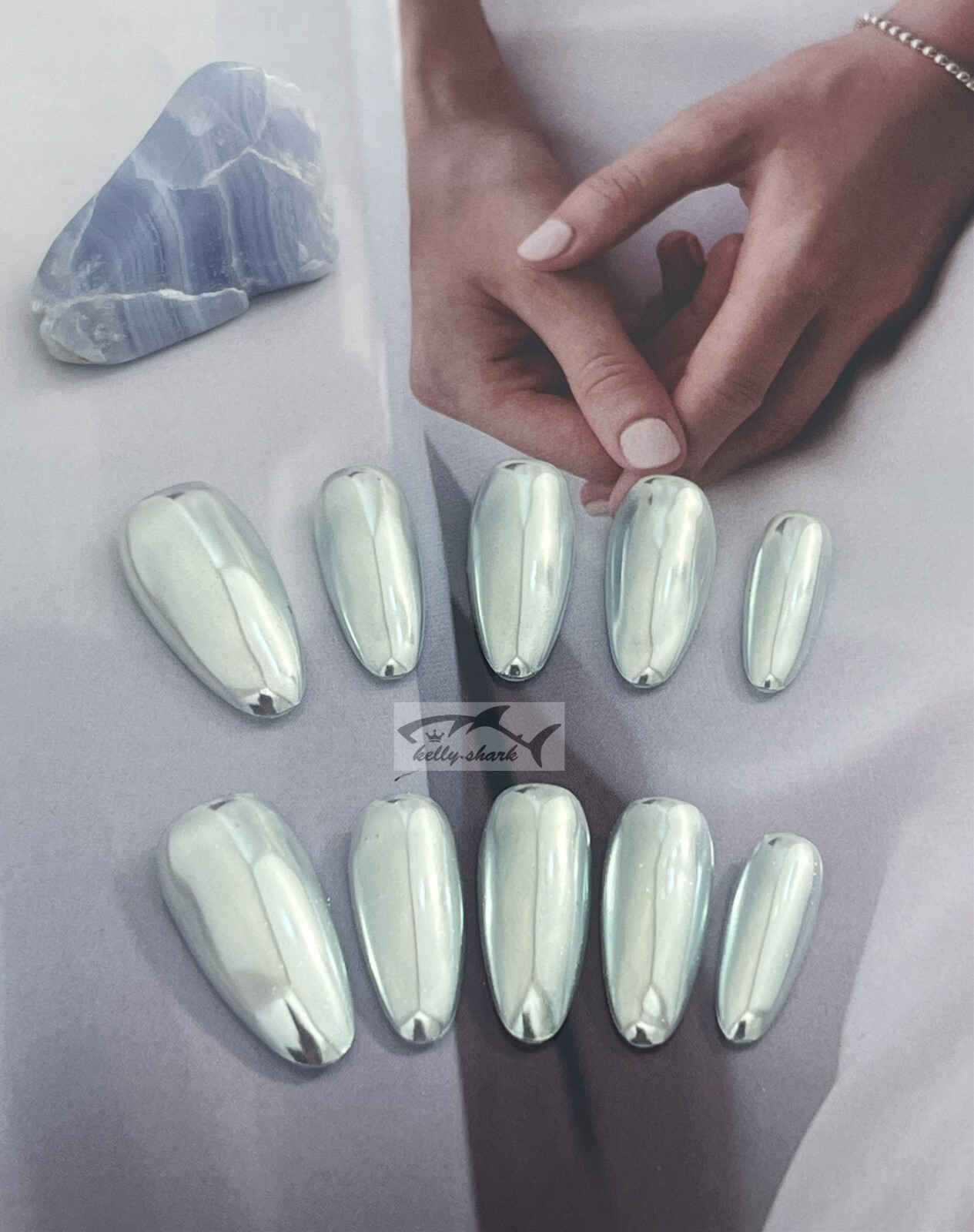 10pcs Handmade Polar Silver-Silk Hailey Press on Nails, Medium Almond shape, SML