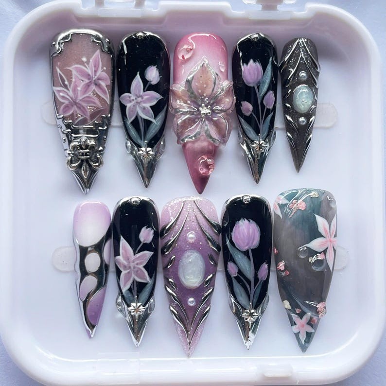 Handmade 3D Floral Press On Nails Purple Black Stiletto Autumn