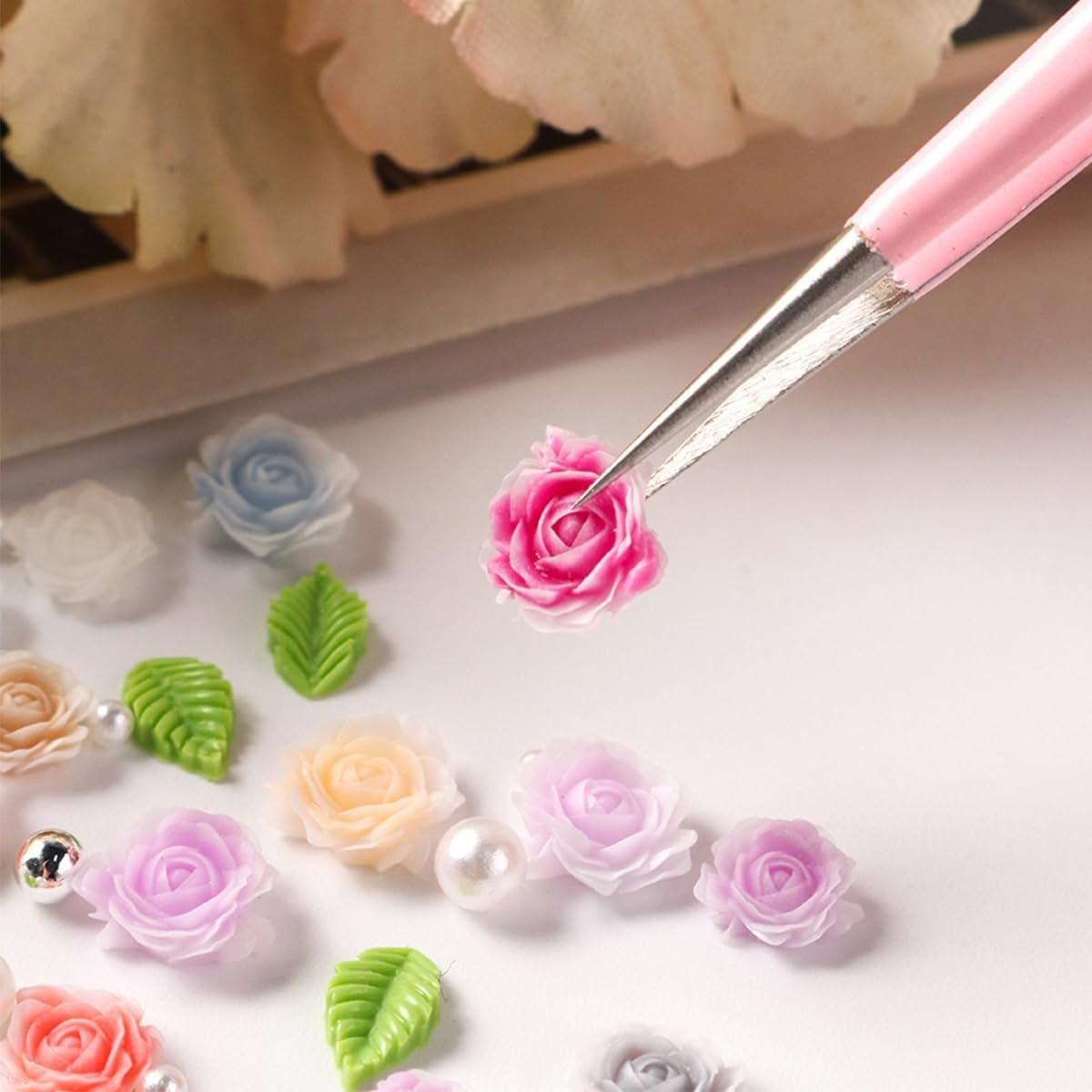 100Pcs Spring Resin Rose Nail Charms with Pearls Leaves 3D Floral Nail Art Charm