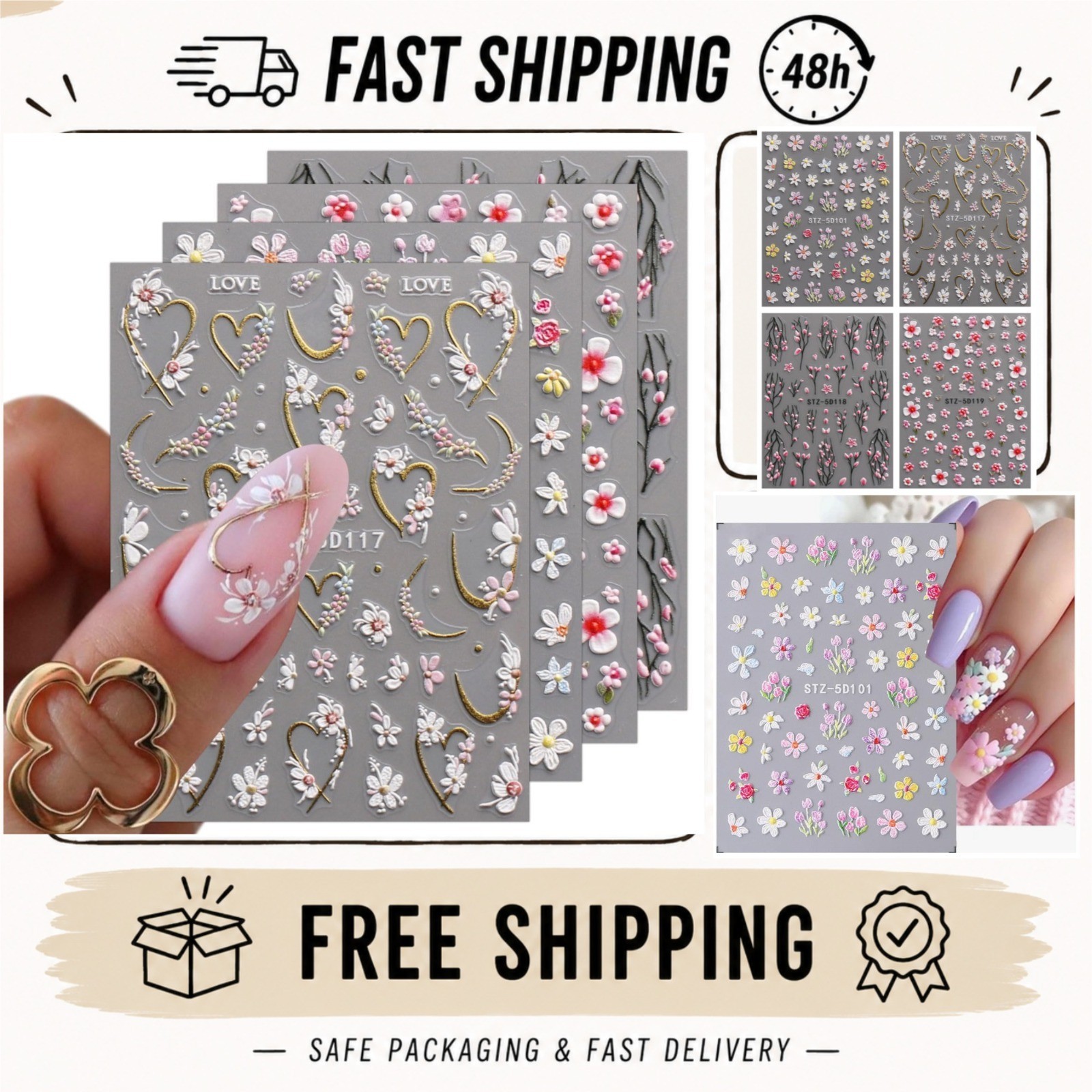 3D Floral Nail Art Stickers – Self-Adhesive Decals for Nail Design