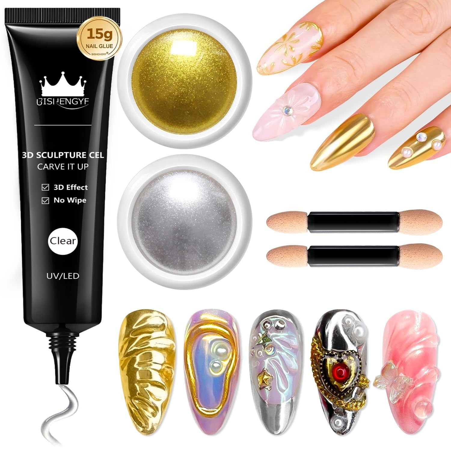 DIY 3D Nail Art Kit with Clear Gel & Chrome Powder – Ideal Gift for Enthusiasts