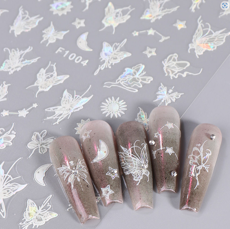 3 or 4Pcs Holographic Laser Pink Black Butterfly Star French Nail Stickers NS20