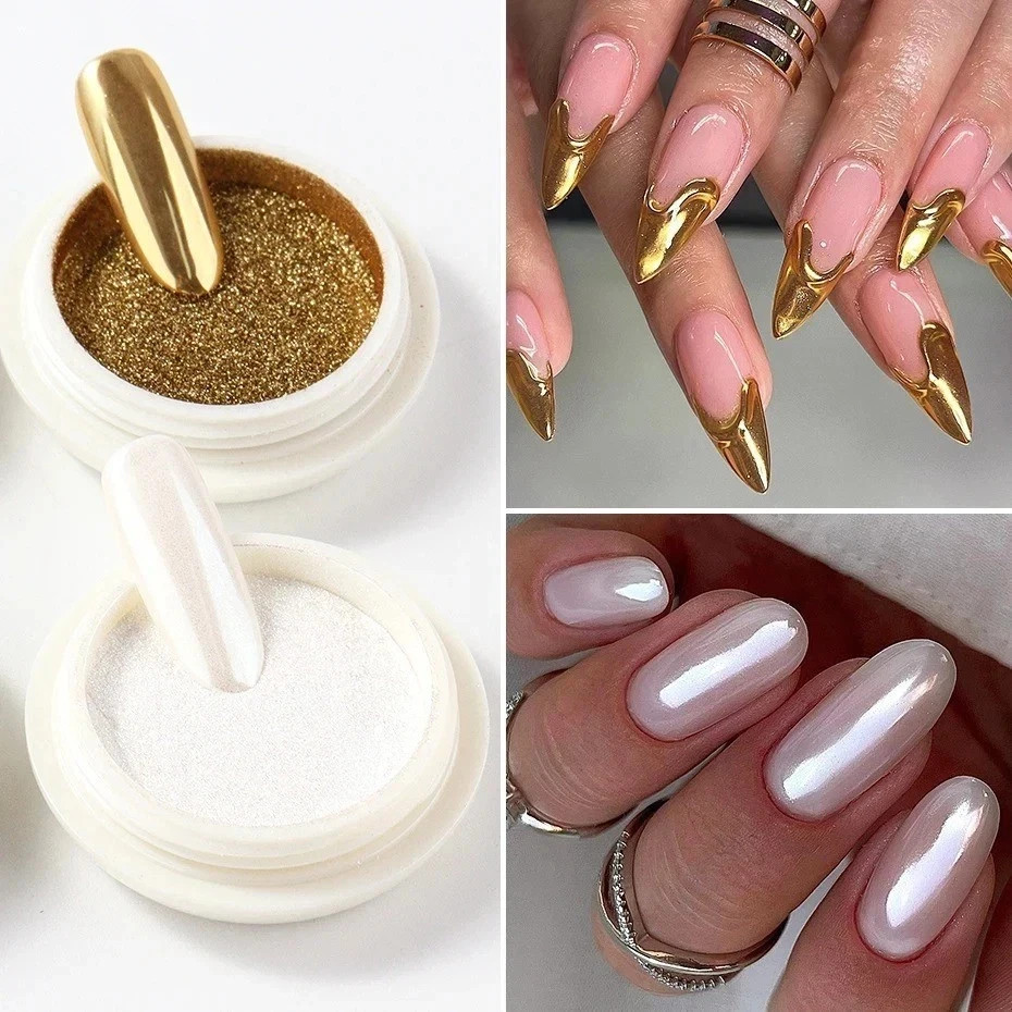 6PCS Chrome Mirror Nail Powder Set Gold Silver Holographic Aurora Pigment