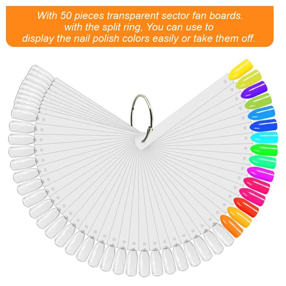 50 Pcs Nail Swatch Sticks with Ring and Numbered Tips – Clear Fan-shaped Display