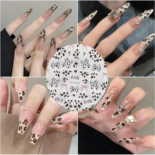 Leopard Print Nail Stickers Bow Decals for Nail Art Black Flower Nail Nial-5