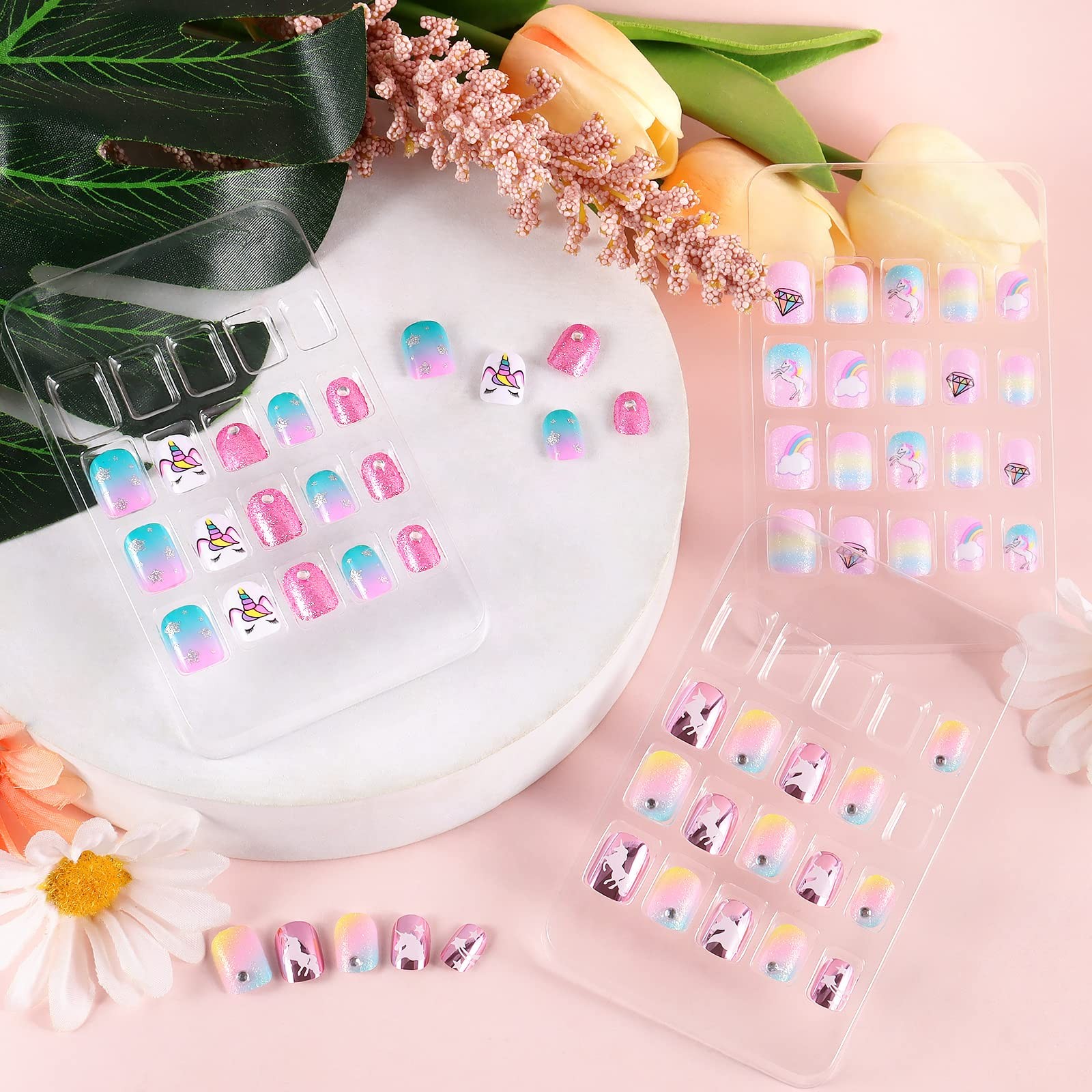 Laza Kids Press On Nails Pink Green Unicorn Glitter 60pc