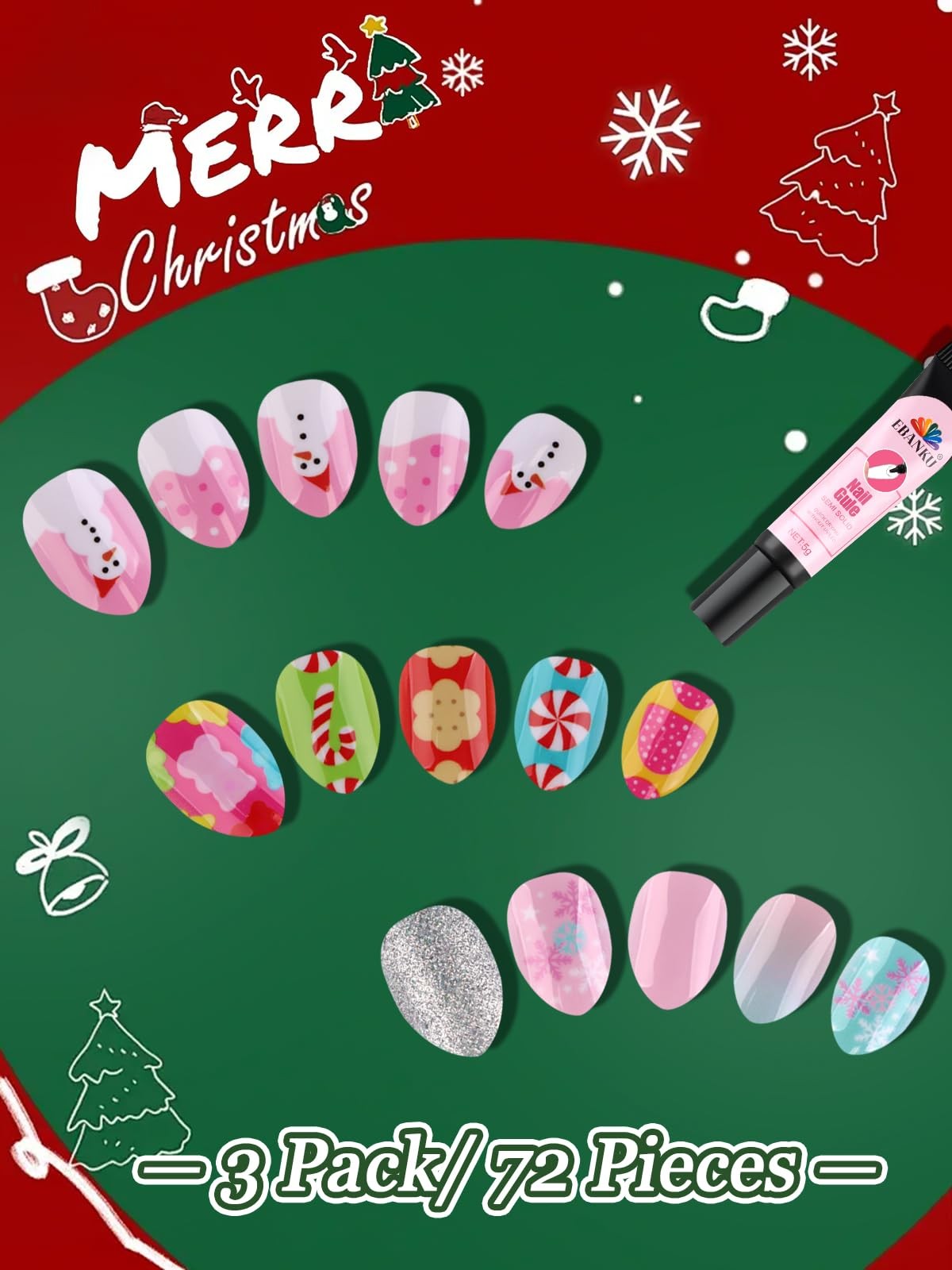 72 Pieces Christmas Press on Nails for Kids, EBANKU 3 Pack Kid Fake Nail | Ki…