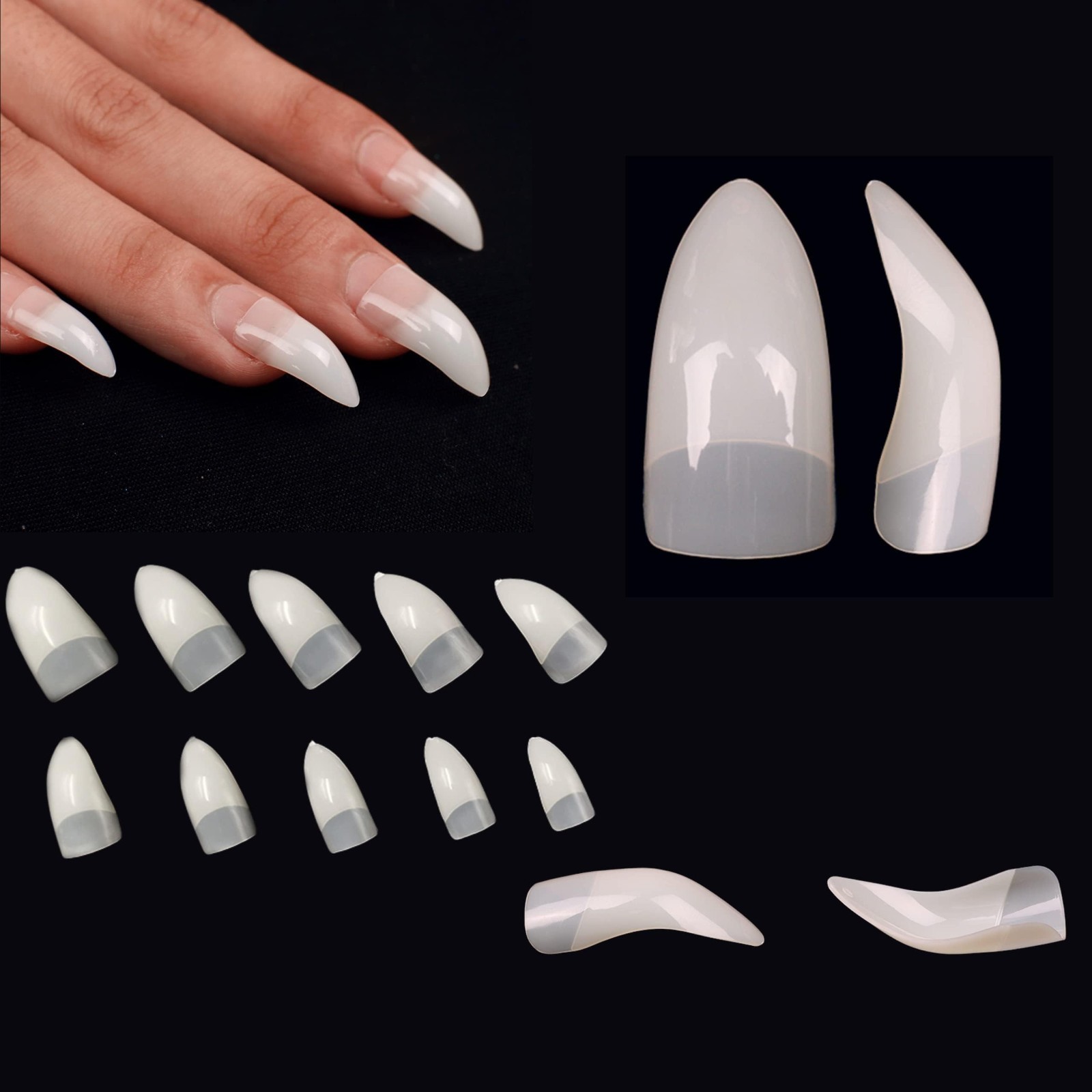 500 Pcs Halloween Stiletto False Nails – Curved Raptor Claw Tips, 10 Sizes, Acry