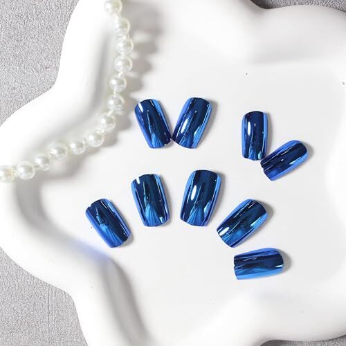 Royal Blue Chrome Square Press on Nails Short Medium, metallic royal blue