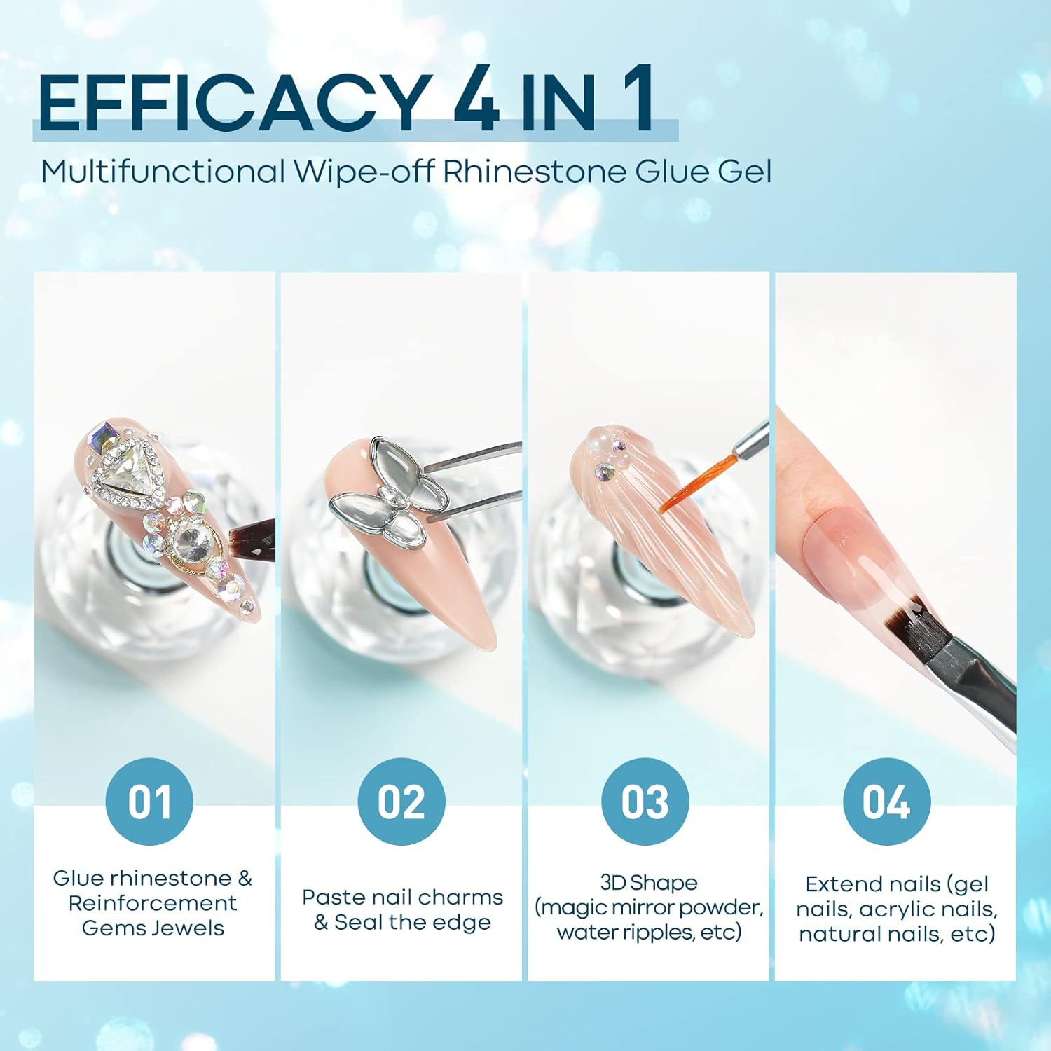 Rhinestone Glue No Wipe Nail Gem Glue Super Strong Adhesive with Nail Charms & D