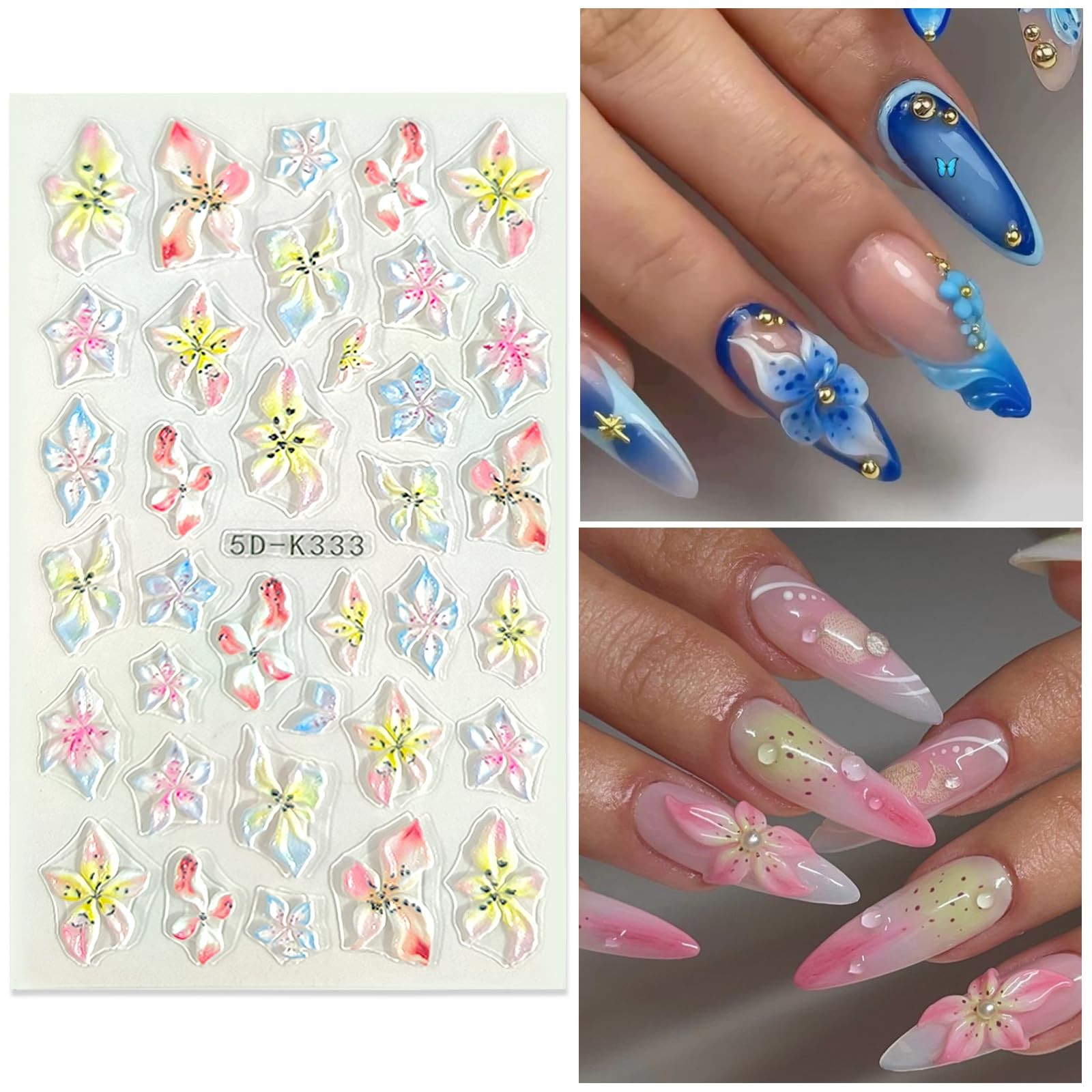 SEMATA Colorful Flower Nail Art Stickers Nail Decals for Women | 5D Embossed …
