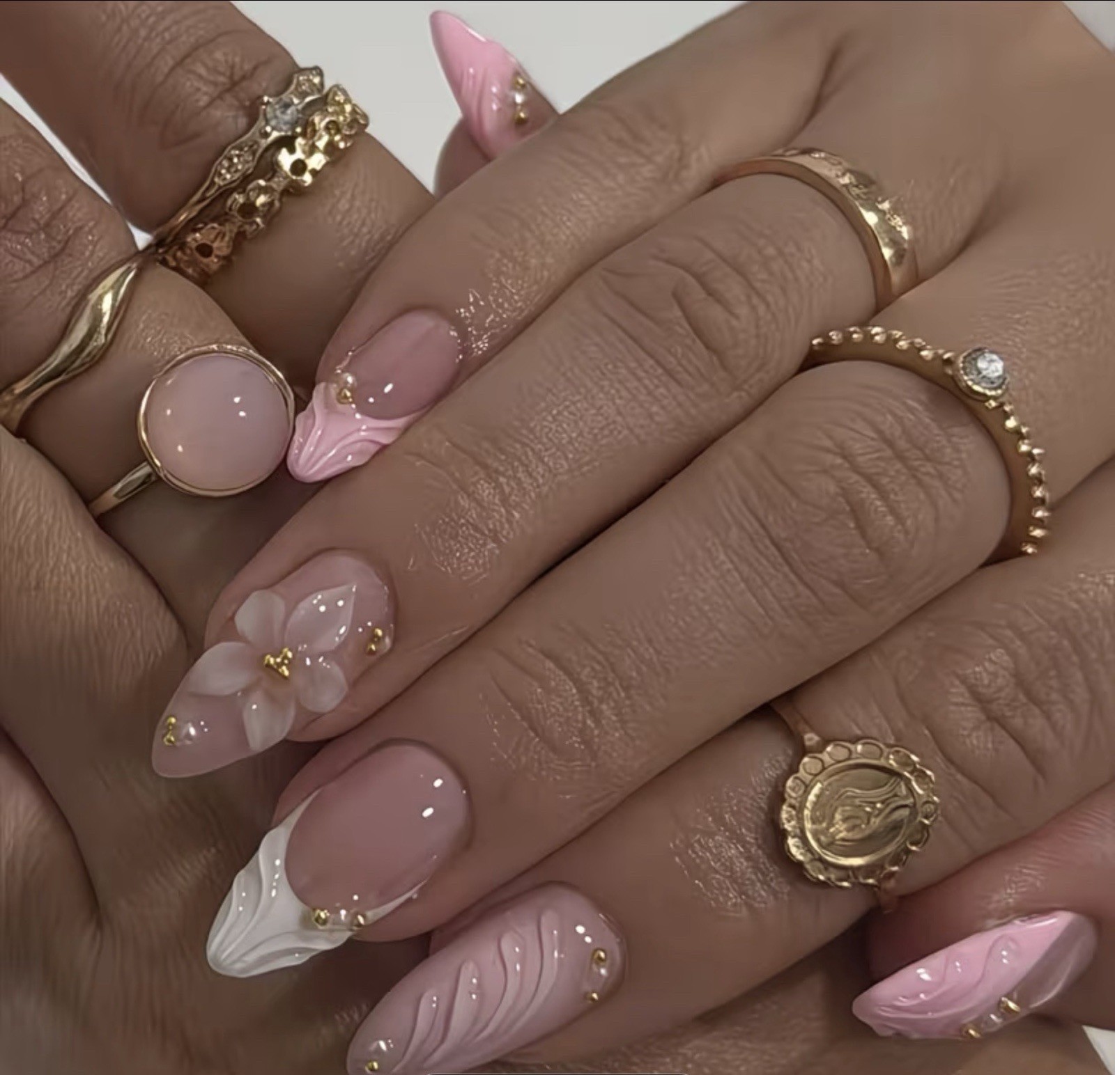 Unique Art Pink White Gold 3D French Almond Gel Flower Press-On Nails Set