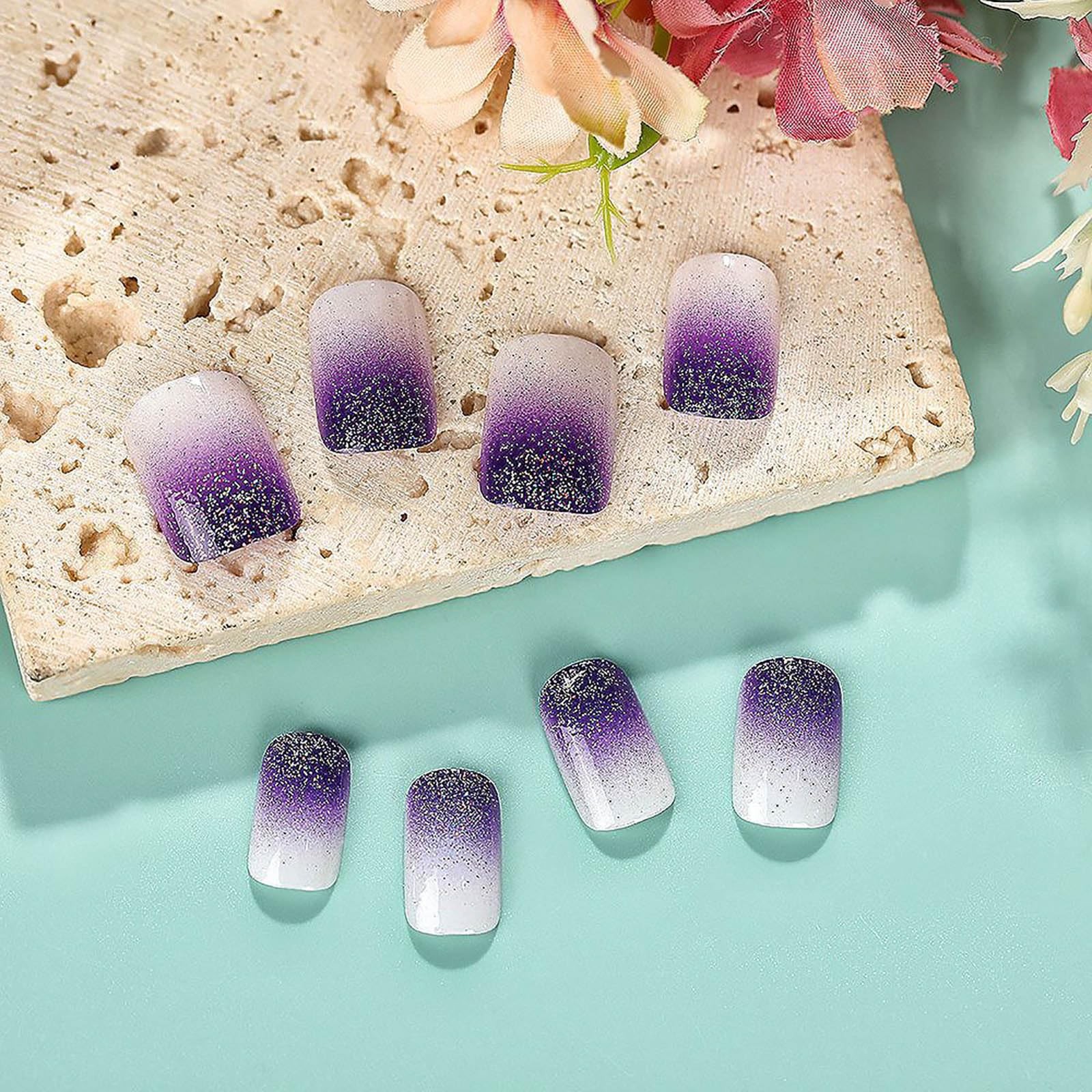 Square Press on Nails Short Fake Nails Purple French Tip False Nails Ombre Glue