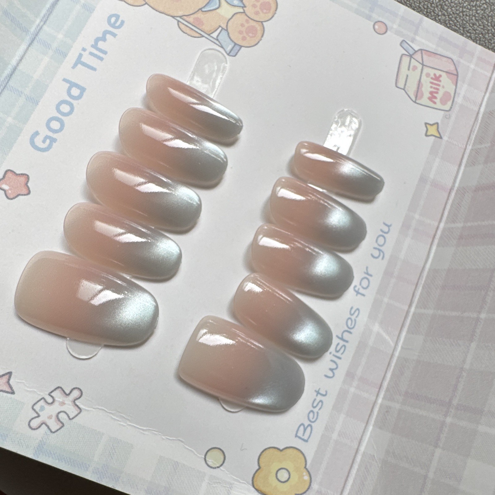 Press-On Nails Medium Square Pink/Gray Ombre Shiny Full Cover Pre-Designed