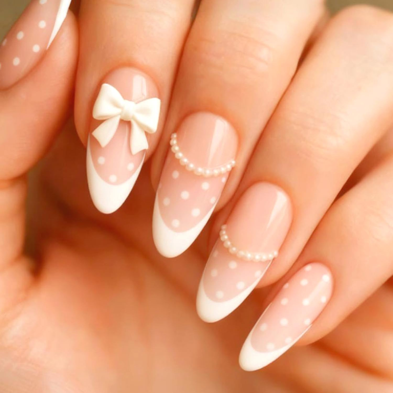 24Pcs Nude Pink Press on Nails Solid Color Short round Fake Nails 3D Love Bow Ch