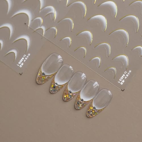 Gradient French Tip Nail Stickers for Women White Gold Curve Line Nail Art