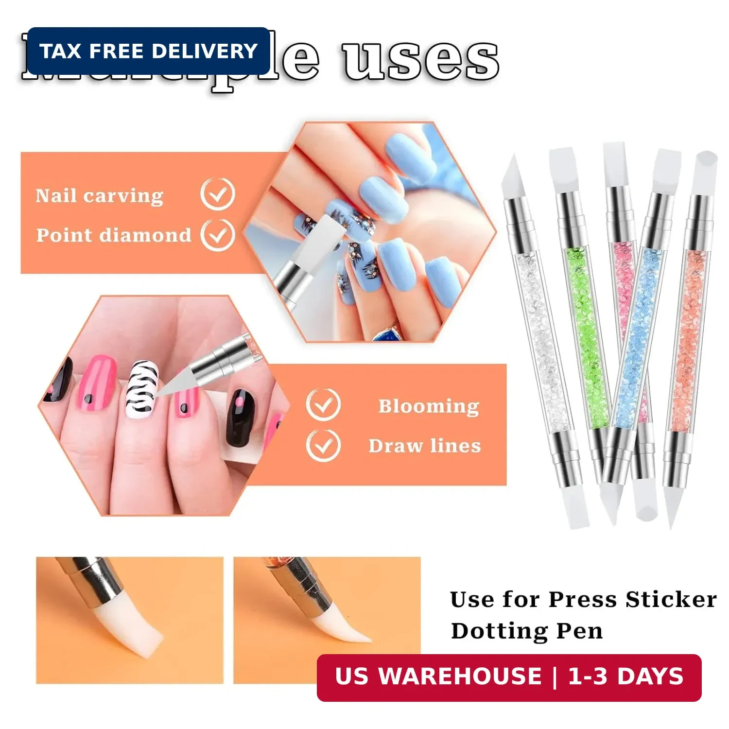 5 Pcs Nail Art Sculpture Pen Dual Tipped Silicone Nail Tools Nail Art Acrylic Pe