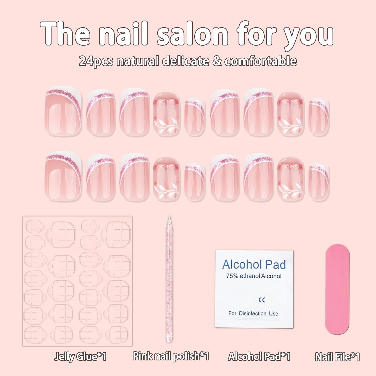 24Pcs Short Press on Nails French Tip Square 1 Fl Oz (Pack of 1), Multicolor